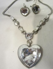 Silver HEART necklace white rhinestone and earrings set