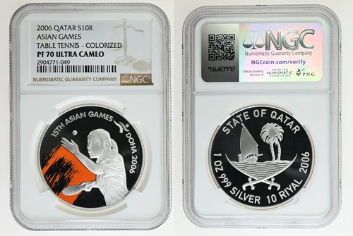 QATAR 10 Riyal 2006 Silver 1oz NGC PF70UC '15th Asian Games Doha - TABLE TENNIS'