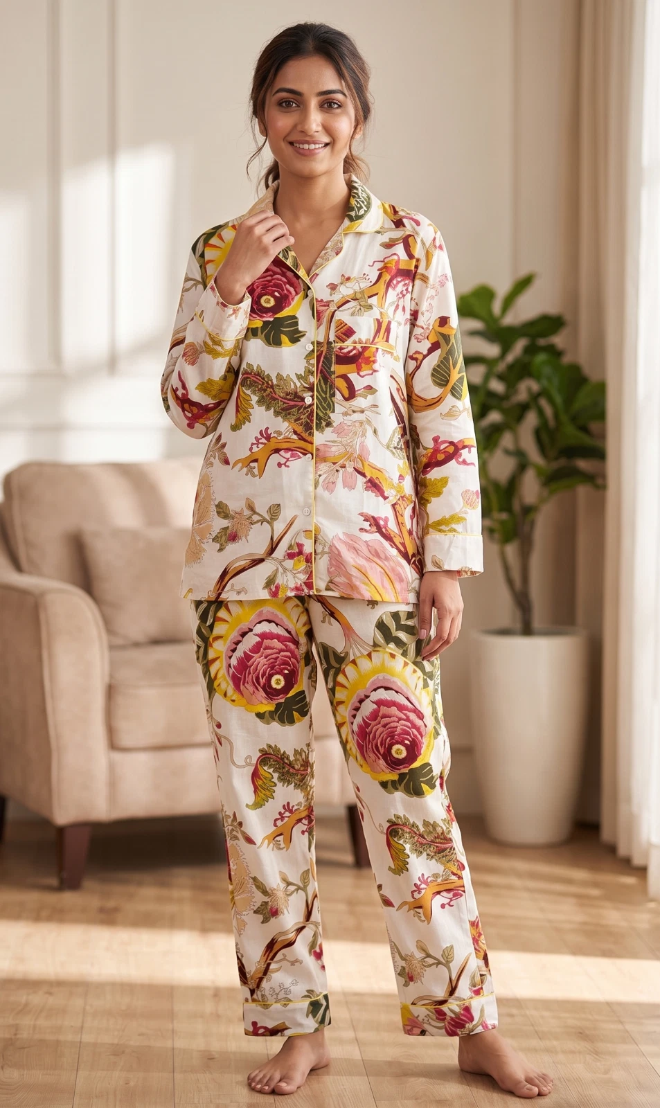 Handmade White Floral Print Cotton Pajama Set Bridesmaid PJ Set Loose Clothing
Opens in a new window