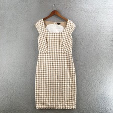 Ann Taylor Dress Womens 6 Beige White Gingham Sheath Sleeveless Zip Back Midi