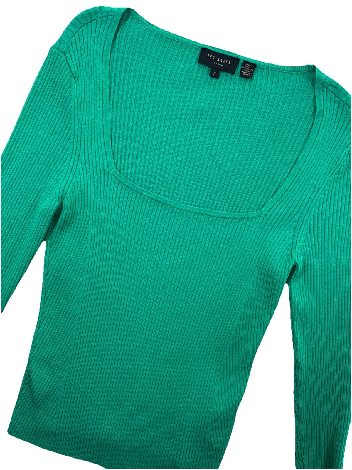 Ted Baker Top Womens XXS-2 Ribbed Knit Kelly Green Classic Preppy Office Fitted