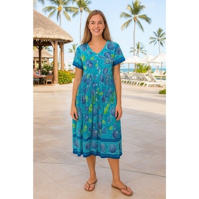 La Cera Floral Cotton Crinkled Button Down Dress,Relaxed Sz-M