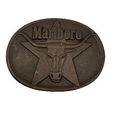 Marlboro Solid Brass 1987 Belt Buckle Philip Morris Inc. Long Horn Bull Logo Vtg