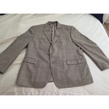 Lauren Ralph Lauren Silk Wool Blazer 48R Tan Glen Plaid Blue Windowpane Jacket