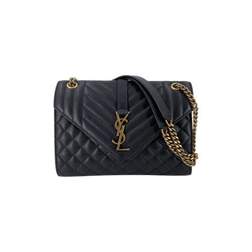 Authentic Saint Laurent Black Tri-quilted Leather YSL Envelope Shoulder Bag