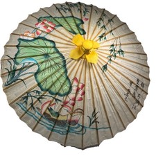 VTG Bamboo and Rice Paper Umbrella / Parasol - 1960's Hand Painted Birds  Lilys