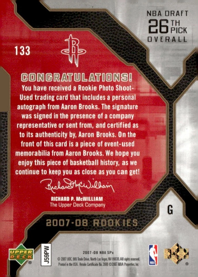 AARON BROOKS 2007-08 SPX AUTO JERSEY ROOKIE #643/825 ROCKETS  - Image 2 of 2