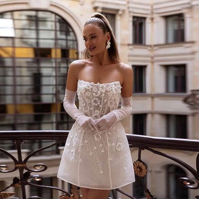 Luxury Beaded Short Wedding Dresses Lace Floral Appliques Long Sleeves  Bridal | eBay
