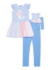 Girl and Doll Matching Top Leggings Outfit Mermaid Blue Dollie Me ft American