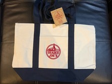 Free Shipping Trader Joe's Large Canvas Tote Reusable Bag 20x14x6" Blue/White It