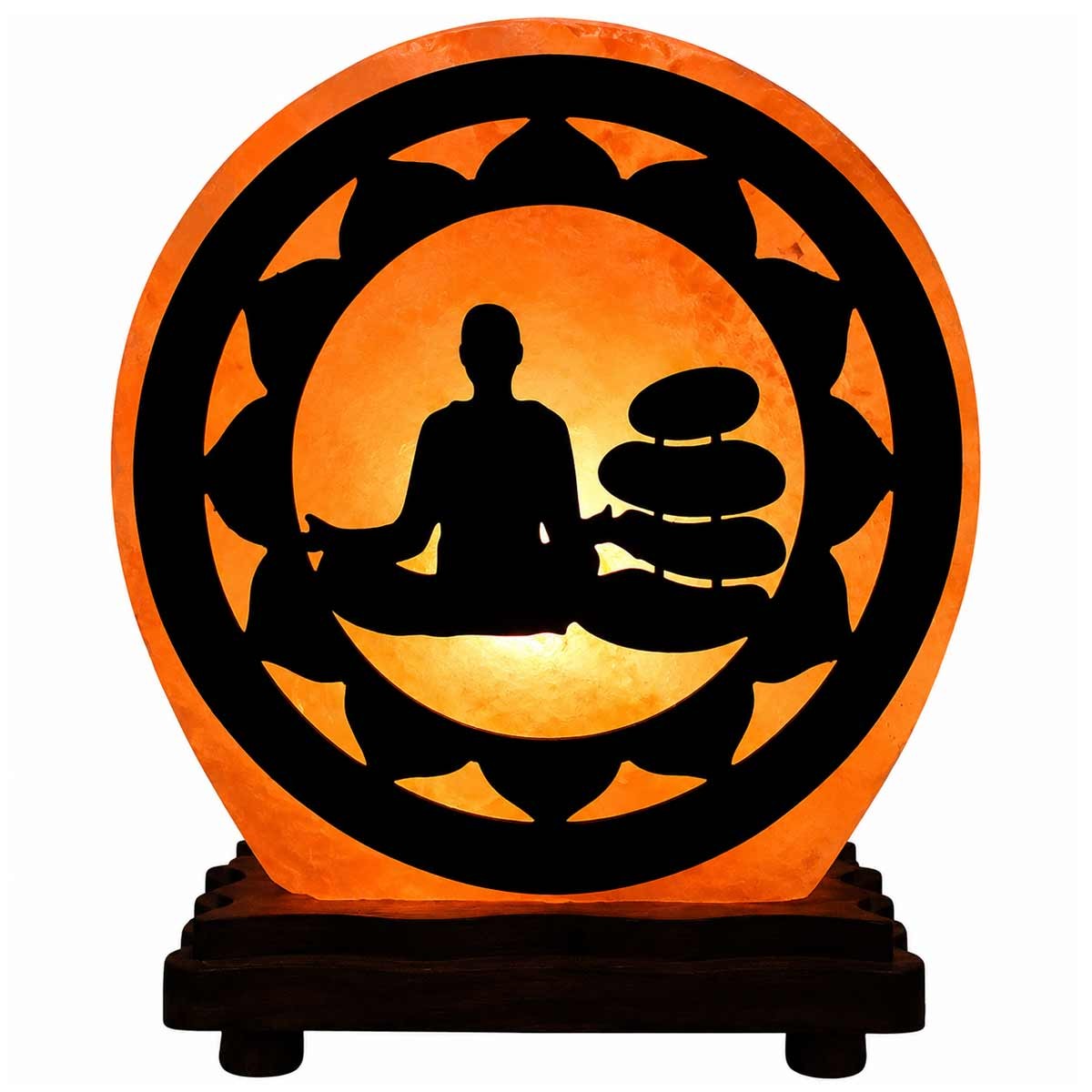 Lampe ronde Zen en sel de l'Himalaya de qualité supérieure et motif méditation gravé sur bois