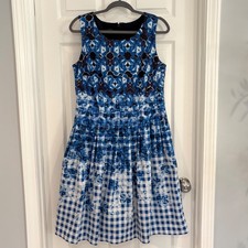Talbots Fit &Flare Pleated Blue Floral Ombre Gingham Plaid Printed Dress Size 12