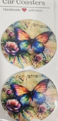 Ceramic Car Coaster with Butterfly Flowers and Musical Note Design FREE SHIPPING