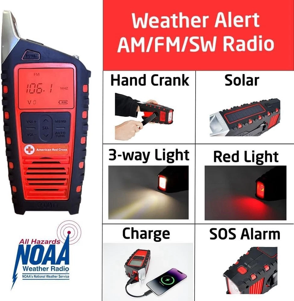 Eton Odyssey Hand Crank Emergency Radio, Solar, NOAA, Bluetooth, Flashlight, Red - Image 2 of 4