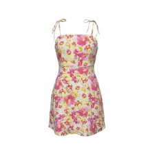 Old Navy Dress Womens S Floral Linen Blend Pink Yellow Sun Mini Tie Shoulder
