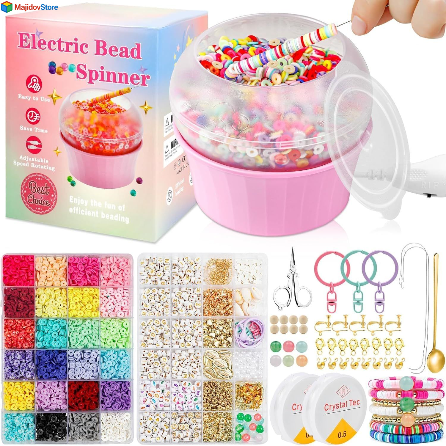 All-in-One Electric Bead Spinner Kit with 7200 Clay Beads for Necklace Bracelet Crafting