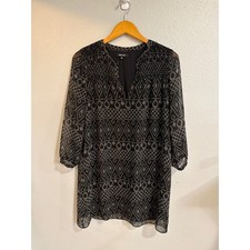 Madewell Geometric Diamond Print Tunic Dress Women XS Black Smocked Split Neck