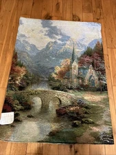 Thomas Kincaid Moonlit Village/Mountain Chapel Hanging Panel Tapestry 26”x36”