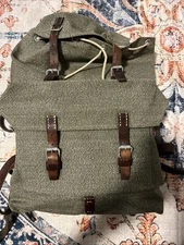 Vintage Swiss Army Military Backpack Rucksack Canvas Leather Salt & Pepper 1957