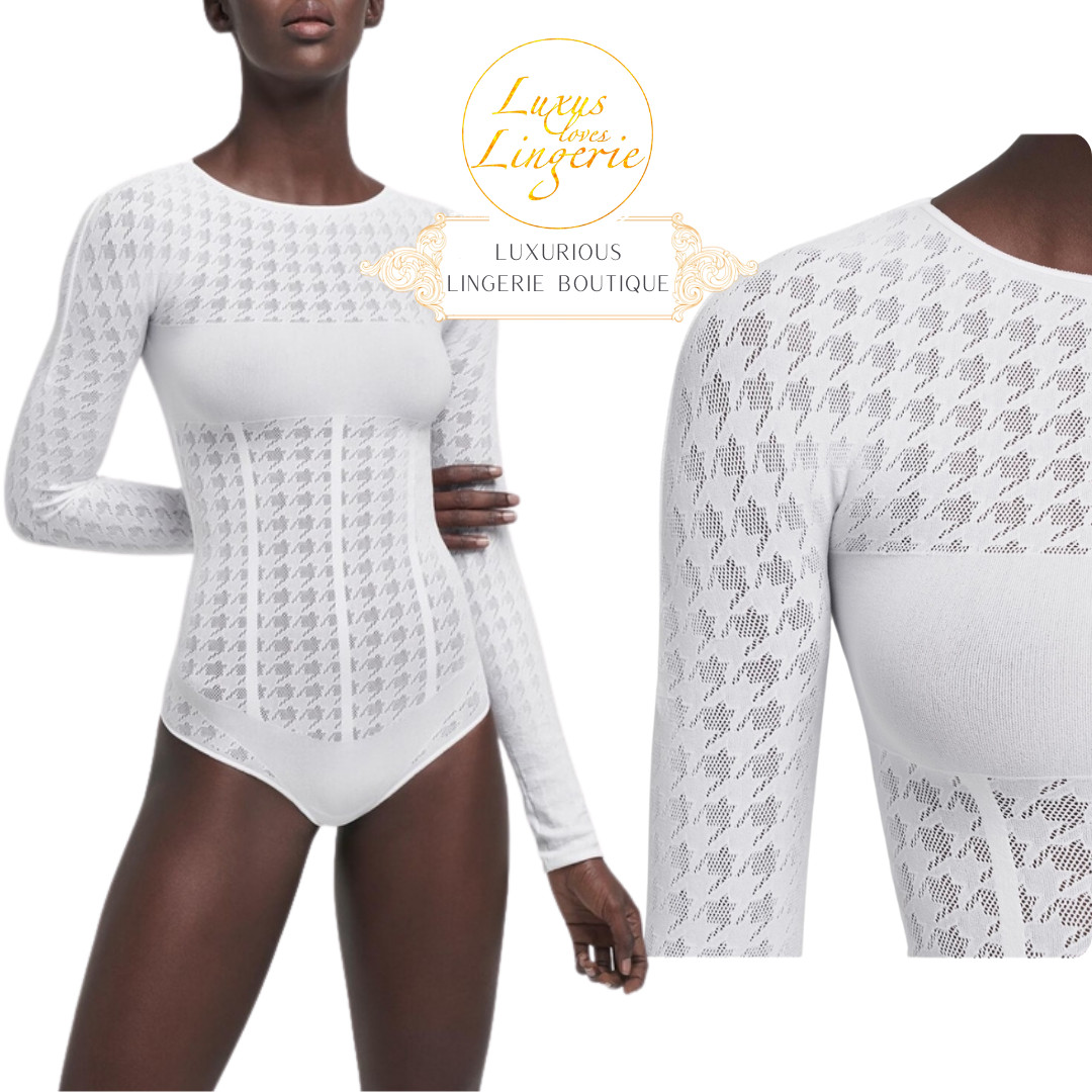 Dylan String Body by Wolford White Houndstooth Elegant Mesh Long Sleeve