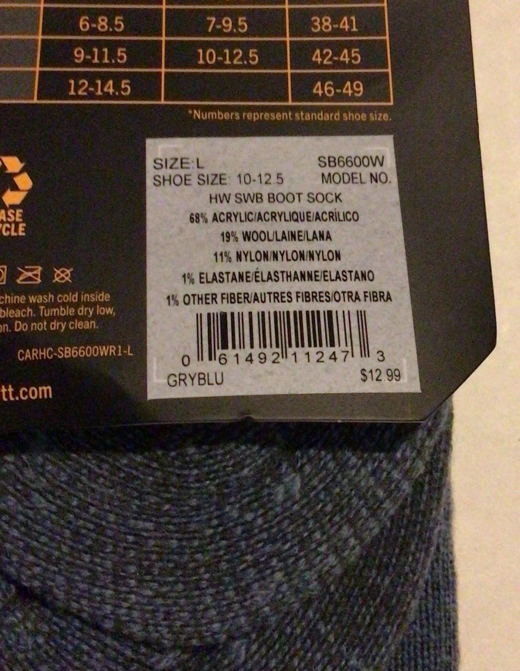 Carhartt Boot Socks 1 pair Women’s Large 10-12.5 Black Heavyweight Wool Blend thumbnail 4