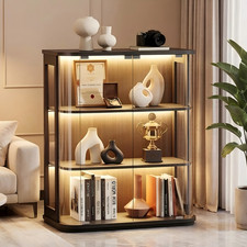 3-Tier Rounded Display Case with Glass Doors, Curio Cabinet with 3 Color Lights