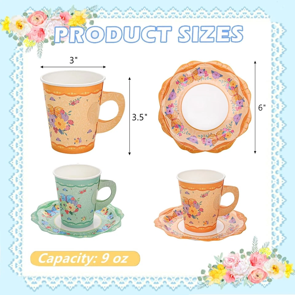 Frcctre 50 Pack Floral Paper Tea Cups and Saucers, 9 oz Middle, Green+Orange  - Image 2 of 4