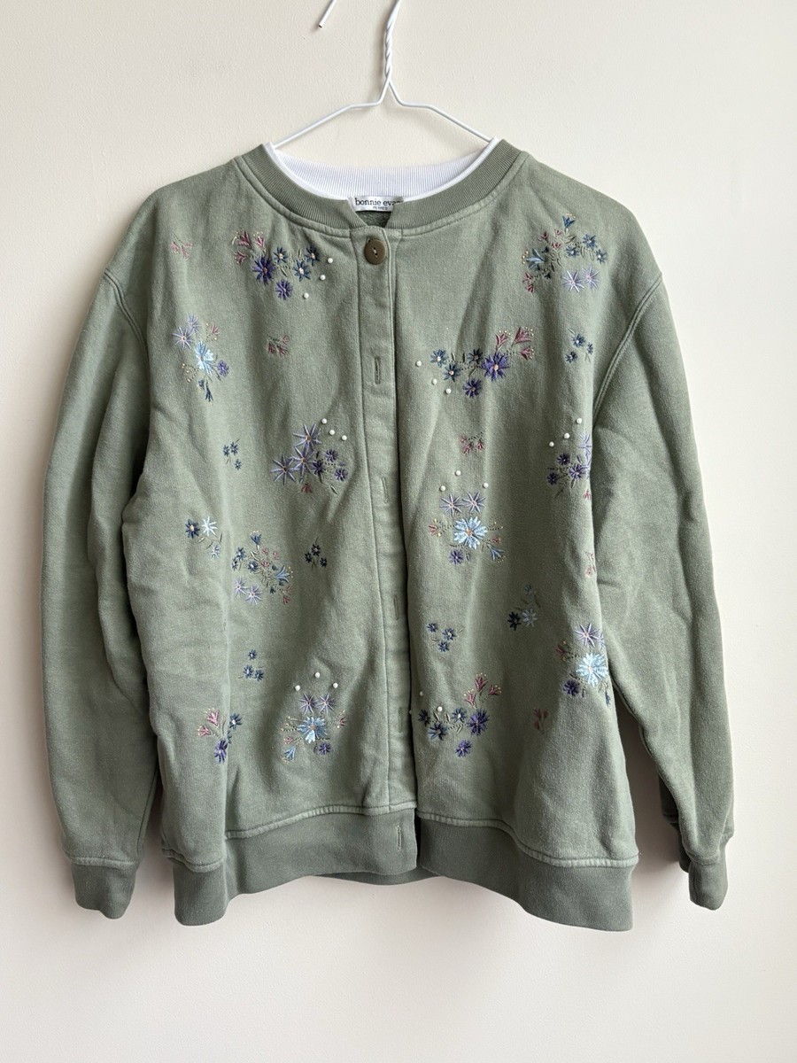 Bonnie Evie Floral Embroidered Cardigan Sweater Button Crew Neck