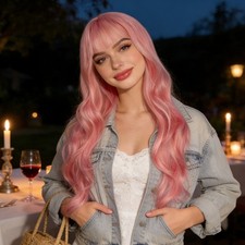 Women Air Bangs Long Wavy Colorful Heat Resistant Synthetic Full Wig Cosplay