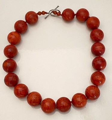 Vintage 925 Sterling Toggle Red Sponge Apple Coral Large Bead Statement  Necklace