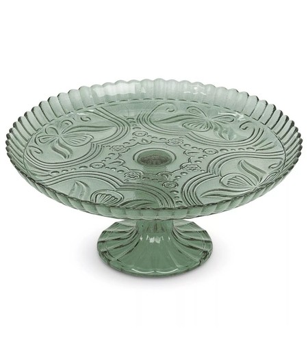 Amici Home GREEN Flower Footed Glass Cake Stand Round Vintage Style 10” D x 4” H