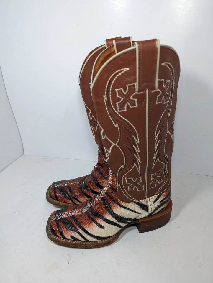 Botas de cuero vaquero occidentales con estampado de cebra NOCONA Sting Tiger Ray para mujer 6B Foto 4 de 4
