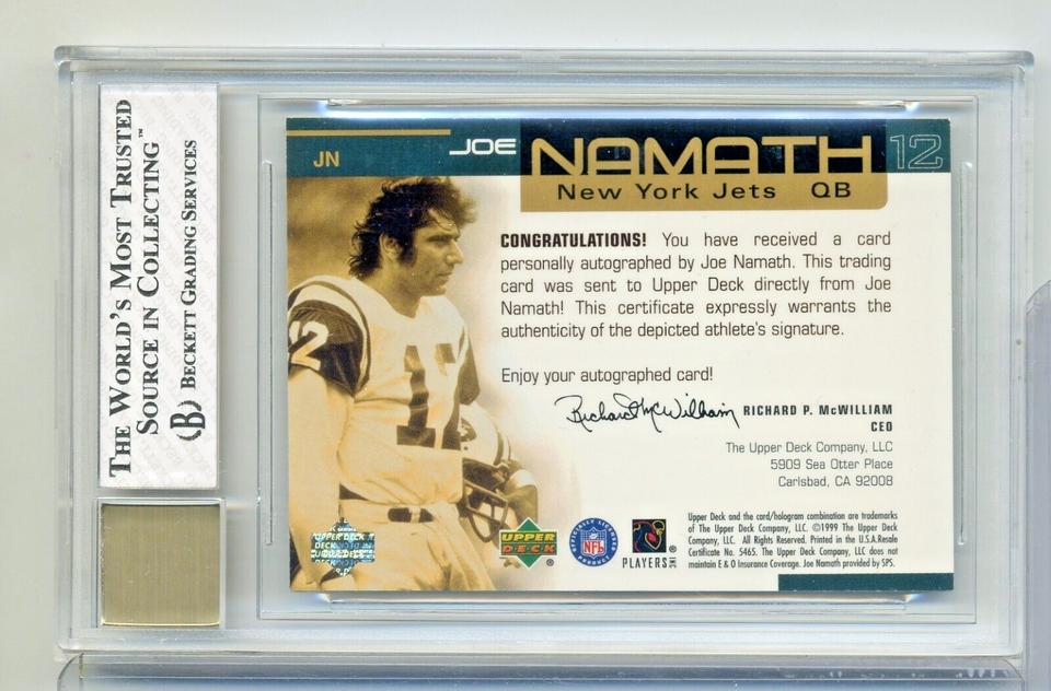 Joe Namath 1999 Ovation Autograph 48/150 BGS 8 Auto 10 New York Jets
