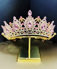 Gold Crown Crystal Tiara, Princess Crown, Gold Wedding Tiara, Pink Bridal Crown