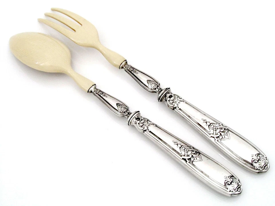 Juego de servir ensaladas francesas de plata de ley de 2 piezas, caja original, Regencia Foto 3 de 4