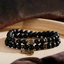 BLACK AGATE STONE BEAD BRACELET 8mm Om Aum Buddha Bead Wrap Men Women Yoga NEW