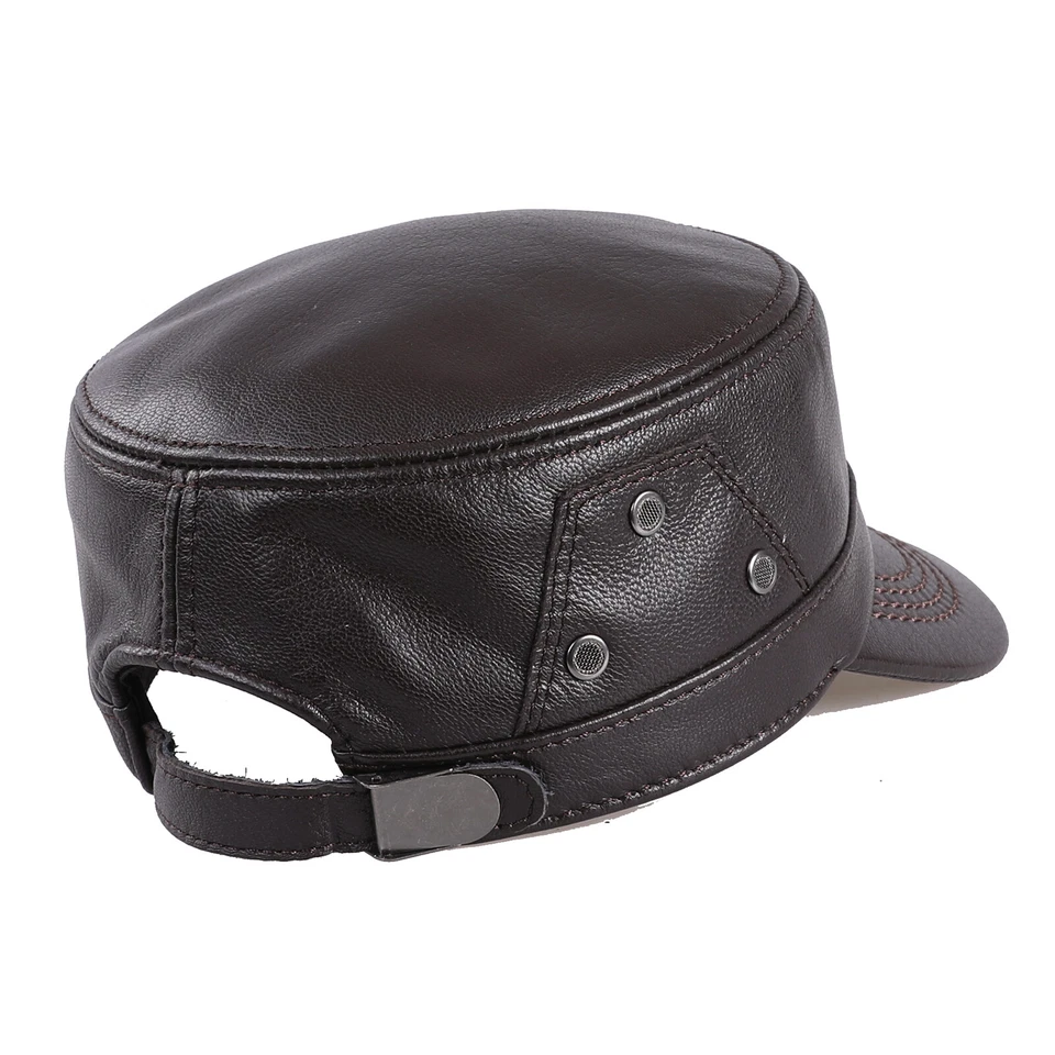 Men's Flat Top Cap Real Sheepskin Leather Military Style Caps Cadet Army Hats - Image 4 of 4