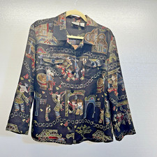 Chico's Tapestry Jacket Women Size 2 Black Silk Blend Asian Village Art Novelty
