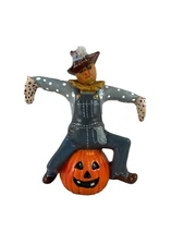 Scarecrow Sitting On Pumpkin Fall Figurine Halloween Hand Made and Hand Painted