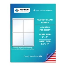 Glossy Clear Labels – 4” x 5" – Laser/Inkjet Compatible – 4 Labels/Sheet 10 S...