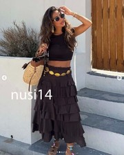 ZARA NEW WOMAN MID-RISE ZW COLL. RUFFLED MIDI SKIRT BROWN XS-XL 3118/209/700