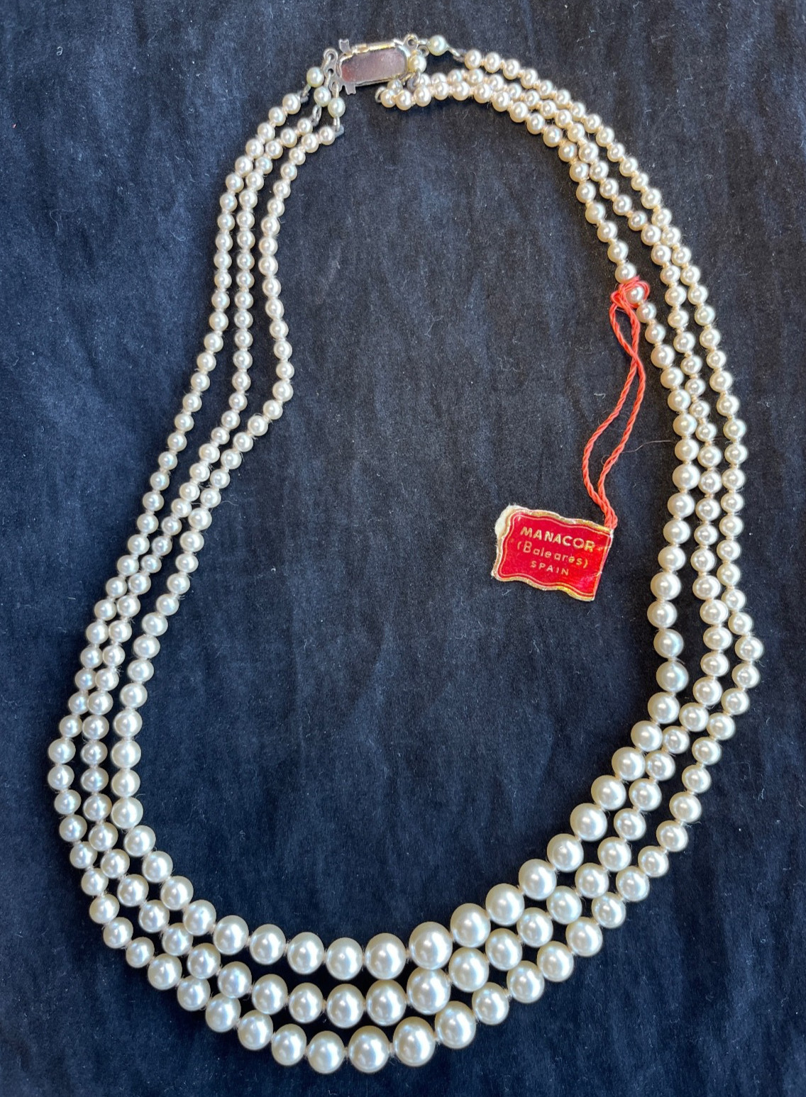 Vintage Mamacor's Pearl Beads Necklace Triple Strand 18" Balearic Islands Spain
