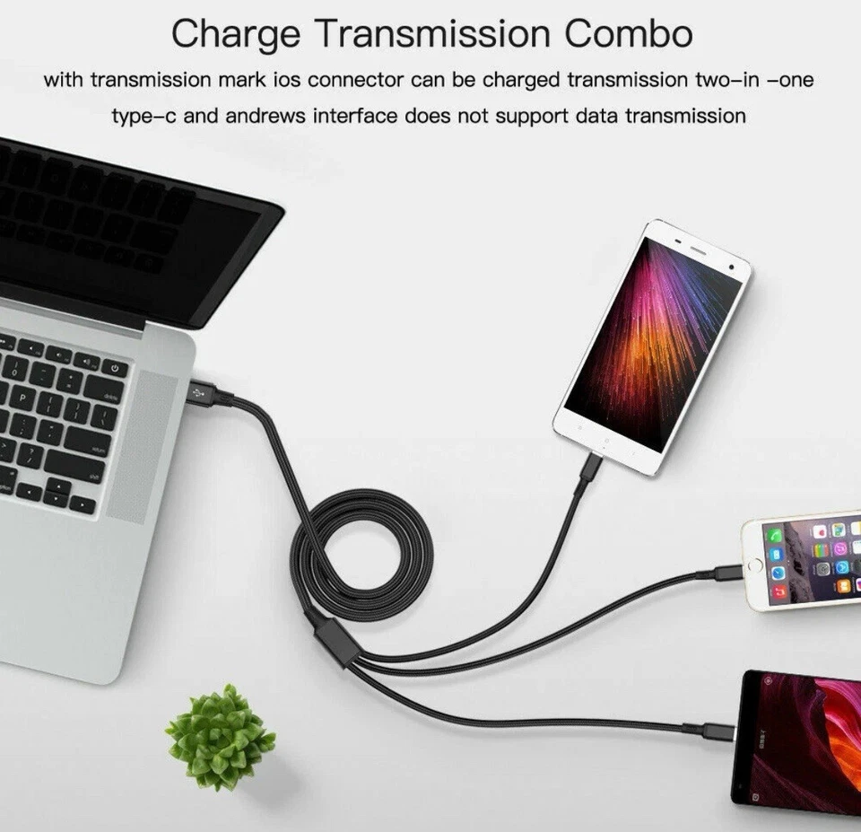 Cable de carga rápida USB 3 en 1 cable cargador de teléfono celular para iPhone tipo C micro Foto 2 de 4