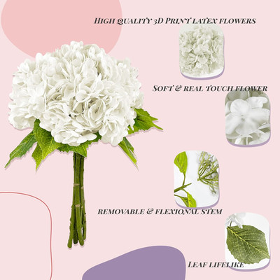 21In White Artificial Hydrangea Flowers 5 Pcs Real Touch 3D Print Latex Flowe...