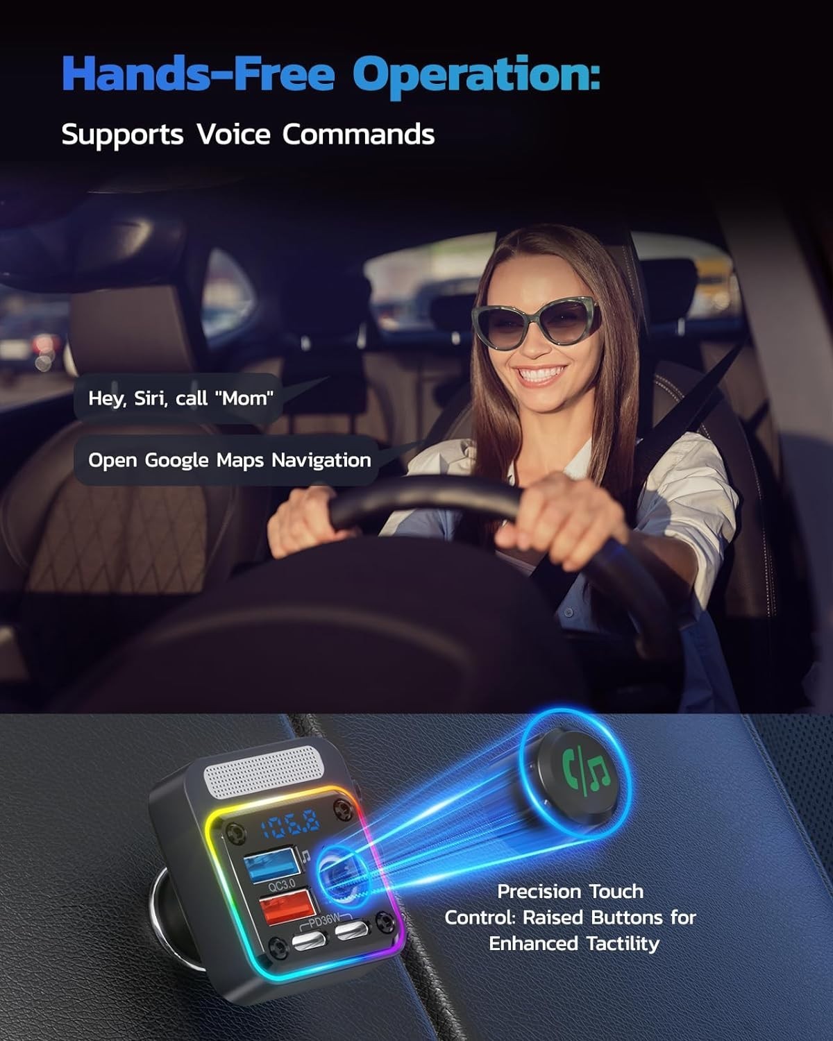 Advanced Bluetooth 5.3 Car Adapter, 4-Port Charger & Hands-Free Calling in Black