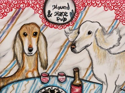 SALUKI at the PUB 8x10 dog art print signed by artist KSams Modern Whimsical