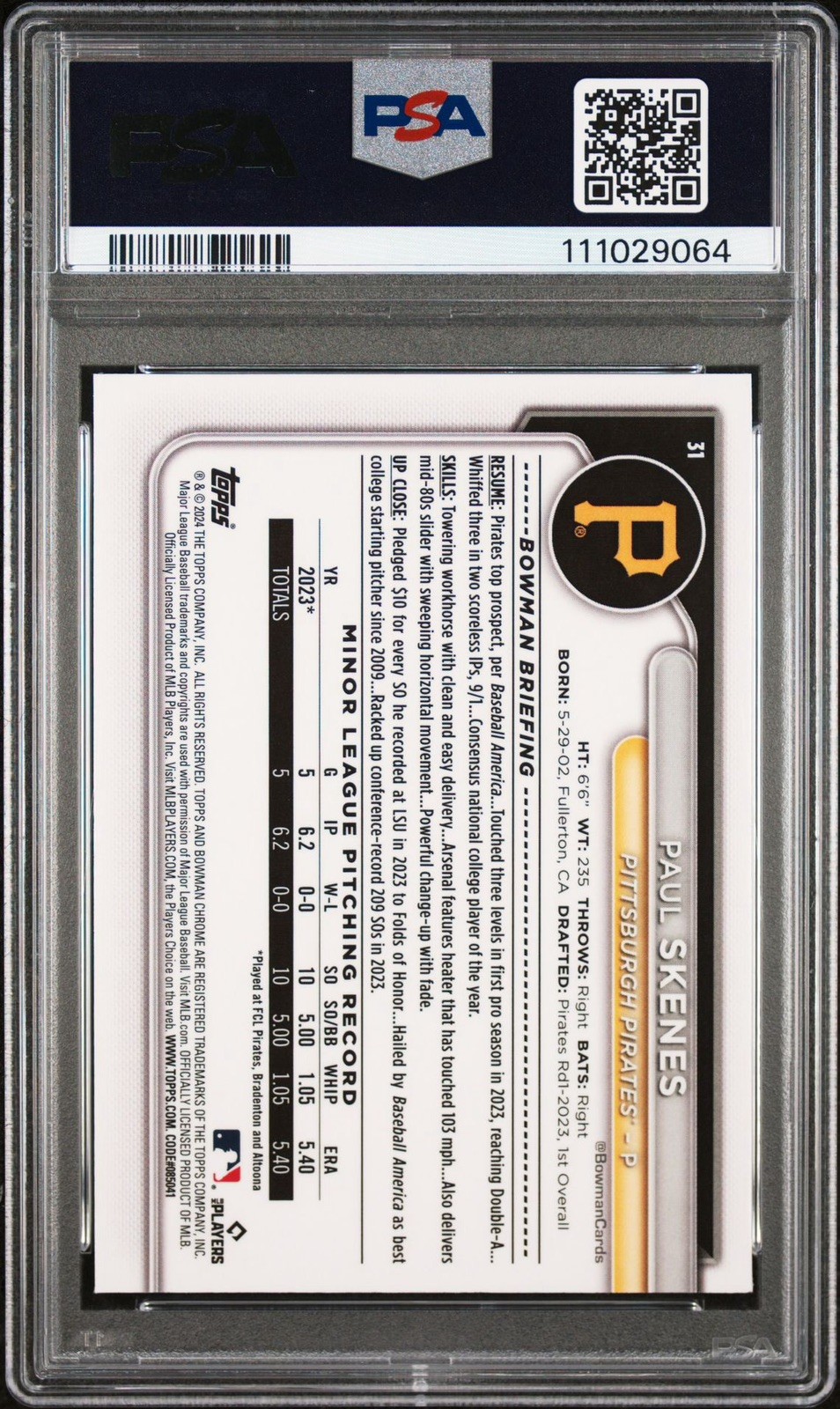 2024 Bowman Chrome Sapphire Edition - Paul Skenes #31 (RC) PSA 10 view 2
