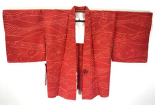 Unused Vintage Haori Silk  Japan Kimono Jacket Scarlet Red Elegant Abstract M