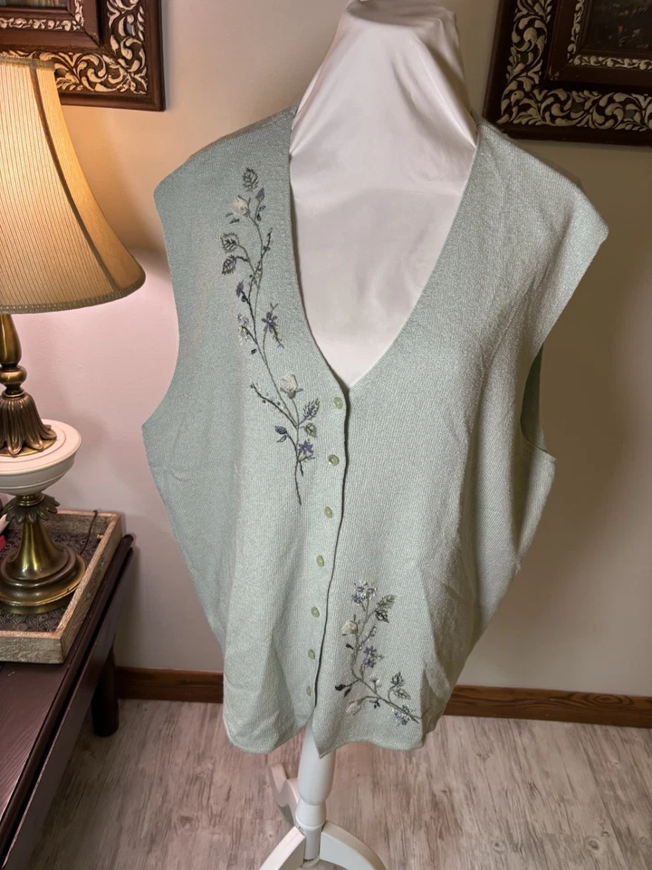 Chaleco azul grande vintage Koret 2x l bordado floral sin mangas para mujer Foto 3 de 4