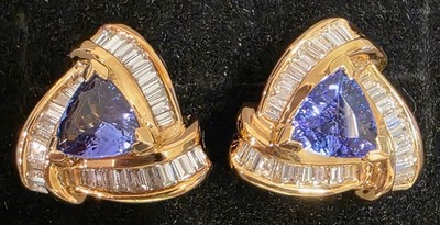 18k Yellow Gold Trillion Tanzanite & Diamond Stud Earrings, Omega Back, 1''